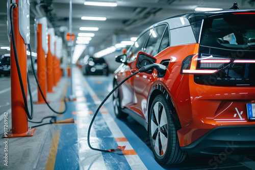 Electric car at charging station with power cable plugged in