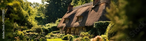 A charming thatched cottage nestled in a lush garden, surrounded by vibrant greenery and serene nature.