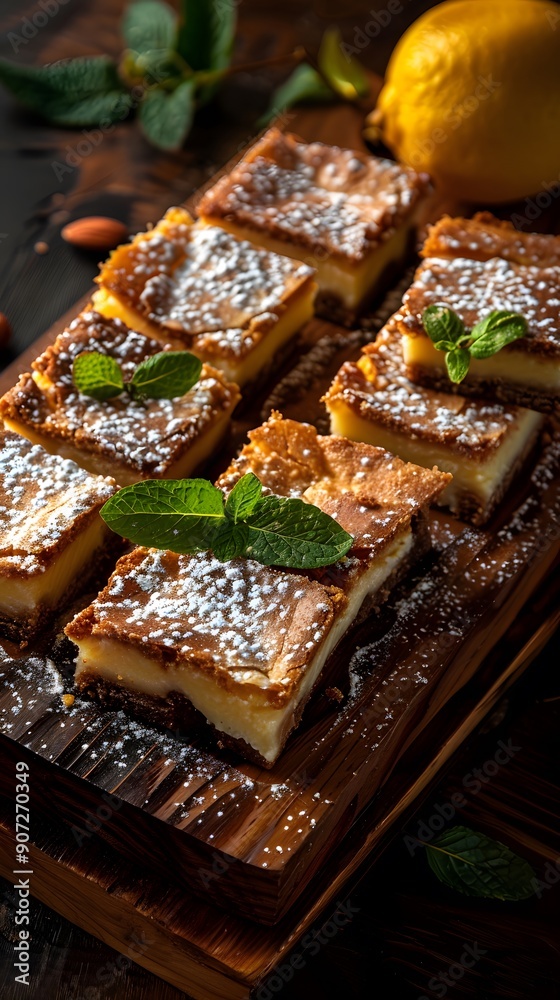 Delicious lemon bars with a golden crust, garnished with mint and powdered sugar. Delicious lemon bars with a golden crust, garnished with mint and powdered sugar.