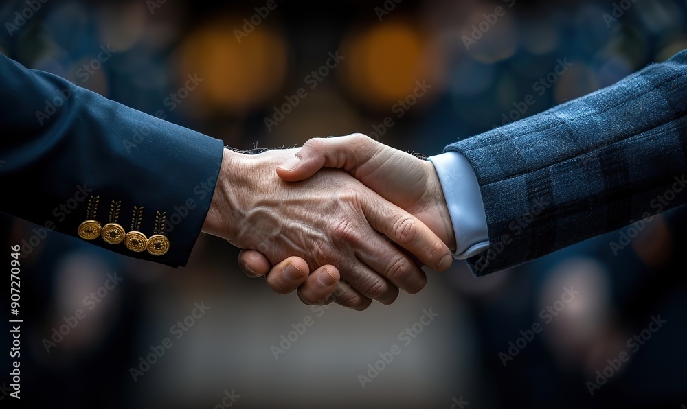 Two aircraft pilots are having a handshake.