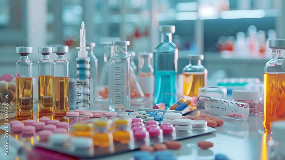 Side view of various tablets, capsules, ampoules, vials, test tubes, syringes for injections and vaccines against the background of a medical laboratory or hospital Side view of various tablets, capsules, ampoules, vials, test tubes, syringes for injections and vaccines against the background of a medical laboratory or hospital