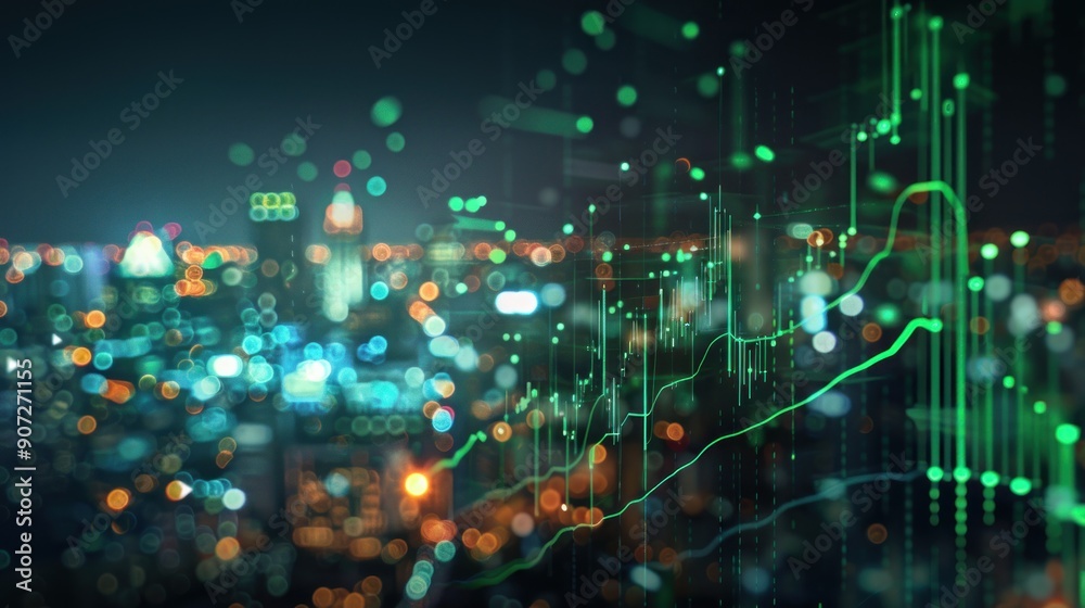 Fototapeta premium Bright, futuristic cityscape at night with digital stock market graph