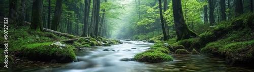 A serene forest scene featuring a gentle stream flowing through lush greenery, inviting peace and tranquility to nature lovers.