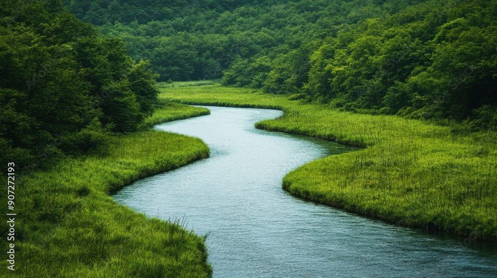 A serene river flows through lush greenery, creating a tranquil natural landscape ideal for relaxation and reflection. A serene river flows through lush greenery, creating a tranquil natural landscape ideal for relaxation and reflection.