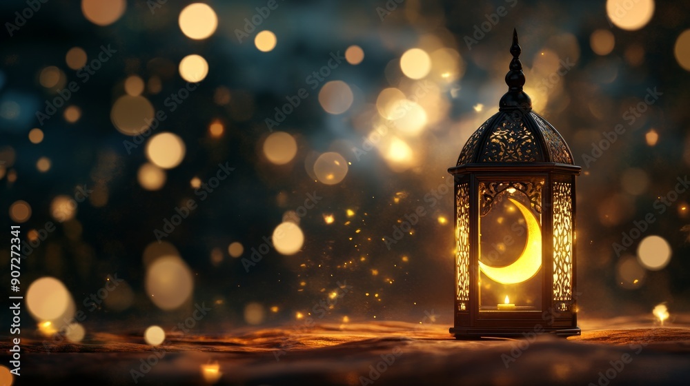 Ornate Lantern with Crescent Moon and Bokeh Lights Ornate Lantern with Crescent Moon and Bokeh Lights
