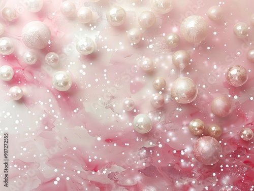 White pearls scattered across a pale pink gradient background, creating a soft, elegant watercolor effect. Ideal for delicate and sophisticated design themes. photo