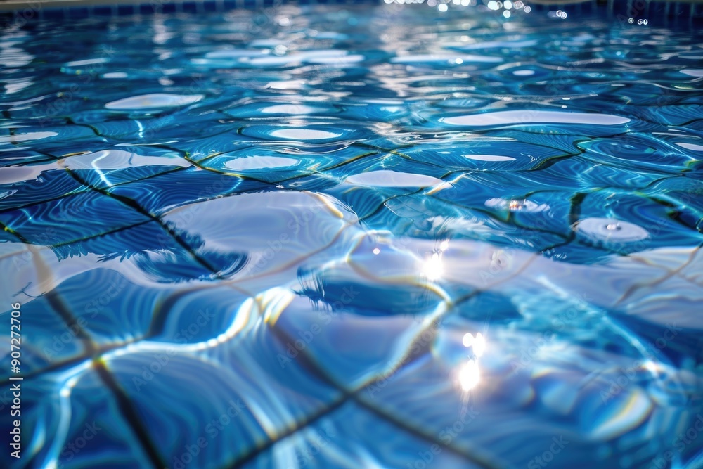 Fototapeta premium Clear blue water of an indoor or outdoor swimming pool, suitable for various uses such as hotel promotions, spa advertisements, and sport photography