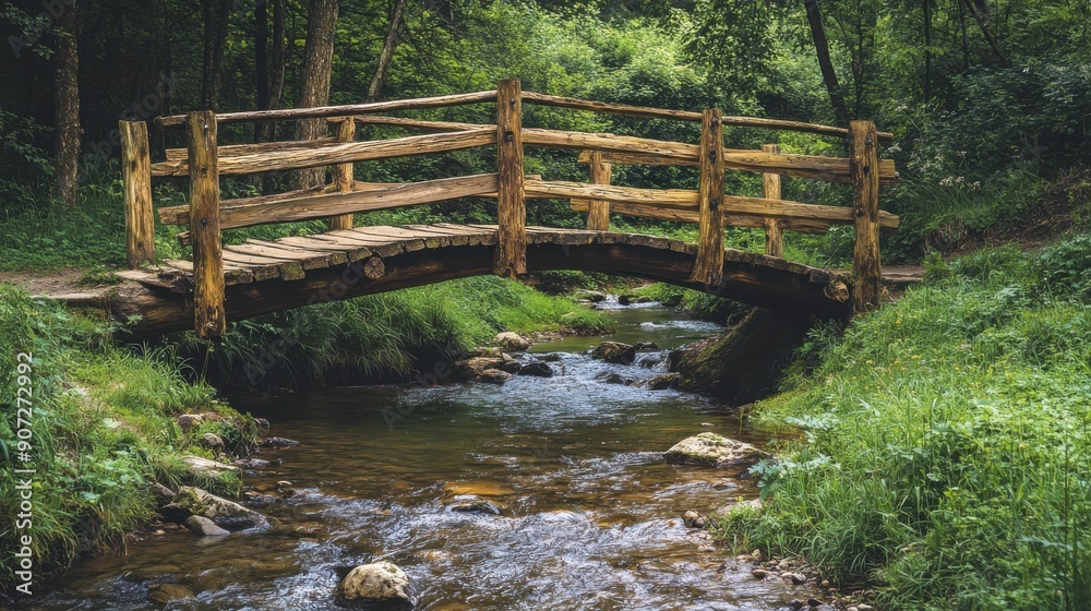 A serene wooden bridge arches over a gentle stream, surrounded by lush greenery, evoking peaceful nature vibes. A serene wooden bridge arches over a gentle stream, surrounded by lush greenery, evoking peaceful nature vibes.