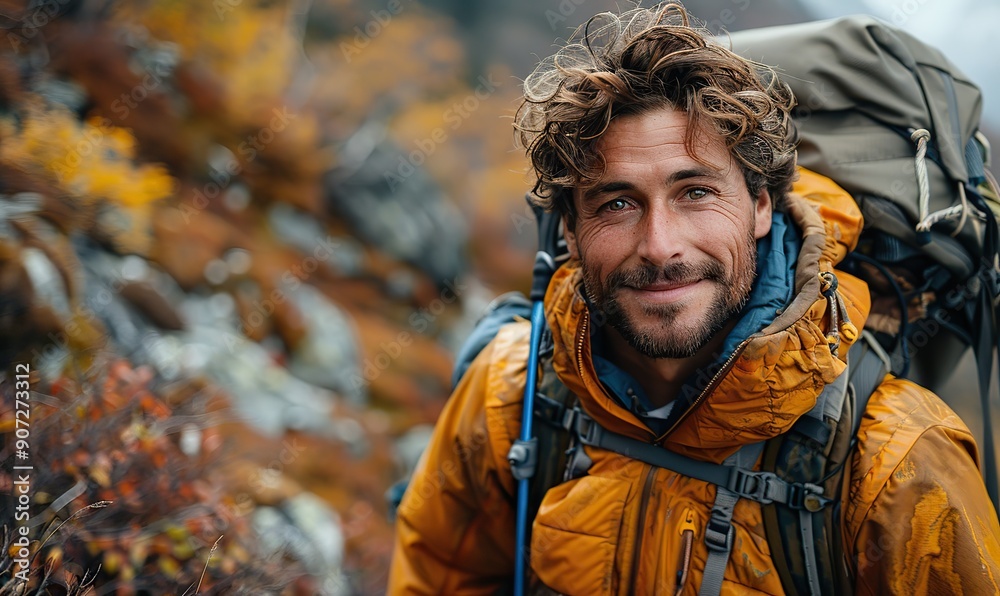 A handsome Caucasian hiker with a backpack is taking a selfie and smiling at the camera. A handsome Caucasian hiker with a backpack is taking a selfie and smiling at the camera.
