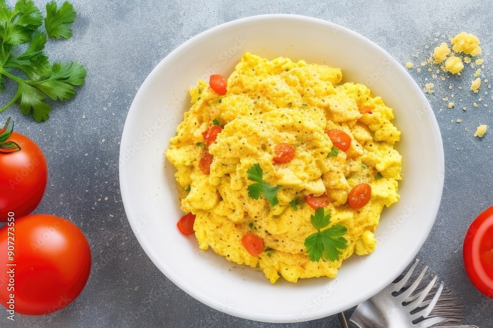 Scramble eggs with tomatoes on a plate Scramble eggs with tomatoes on a plate