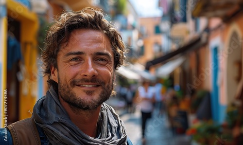 A handsome Caucasian man is smiling at the camera while taking a selfie on vacation in an urban setting.