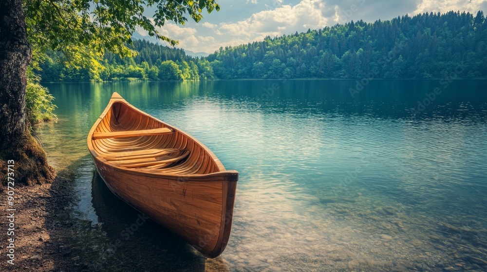 Fototapeta premium Wooden Canoe Awaits on a Tranquil Lake