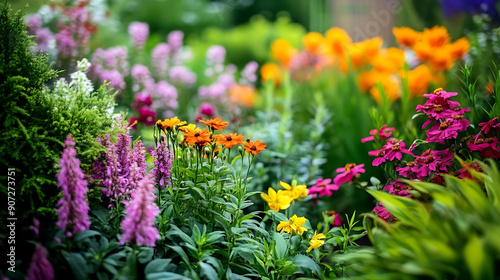 Fototapeta Naklejka Na Ścianę i Meble -  A lush garden filled with colorful flowers and green foliage 