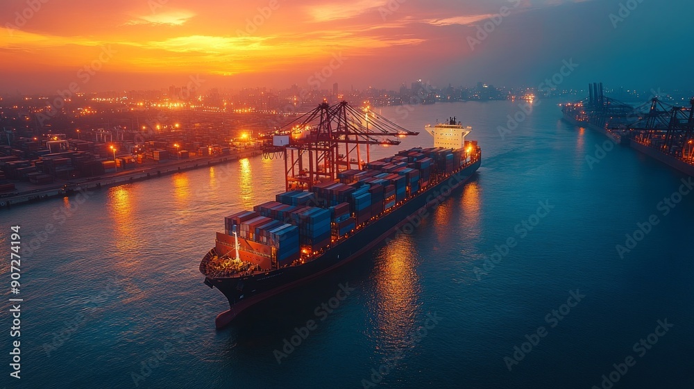 Cargo Ship at Dusk in a Busy Harbor Cargo Ship at Dusk in a Busy Harbor