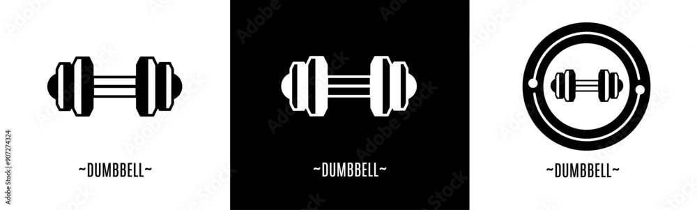 Dumbbell logo set. Collection of black and white logos. Stock vector. Dumbbell logo set. Collection of black and white logos. Stock vector.