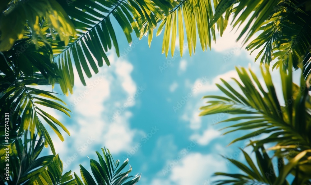 Fototapeta premium Lush Tropical Paradise: Vibrant Green Leaves Frame Clear Blue Sky. Nature's Perfection Captured in Stunning Contrast, Ideal for Summer Vacation Concepts, Travel Inspiration, and Fresh Natural Backgro