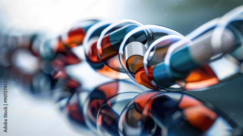 Medicine capsules forming a spiral shape on a reflective surface Medicine capsules forming a spiral shape on a reflective surface