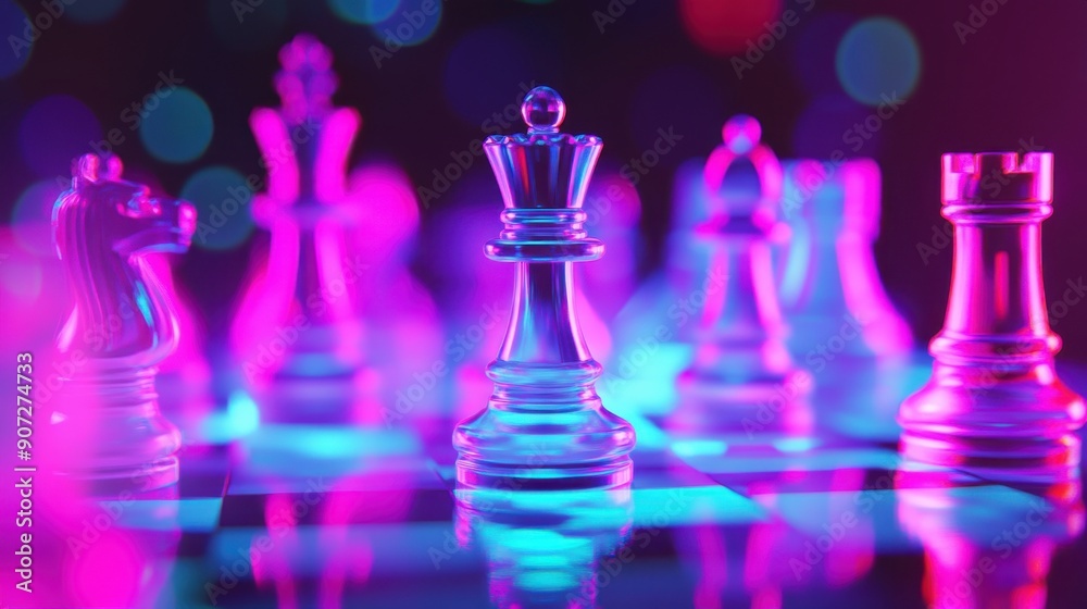 Vibrant chess pieces illuminated with neon lights create a captivating atmosphere, enhancing the classic game of strategy and skill. Vibrant chess pieces illuminated with neon lights create a captivating atmosphere, enhancing the classic game of strategy and skill.