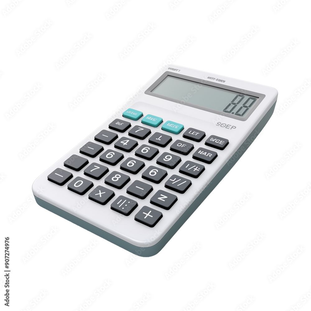 White Calculator With Black And Blue Buttons On A White Background White Calculator With Black And Blue Buttons On A White Background