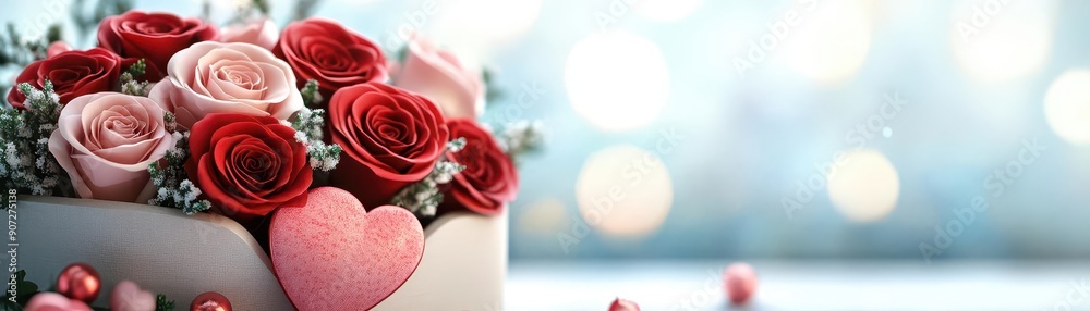 Romantic floral arrangement with red and pink roses in a heart-shaped box, floral, Valentine's Day Romantic floral arrangement with red and pink roses in a heart-shaped box, floral, Valentine's Day