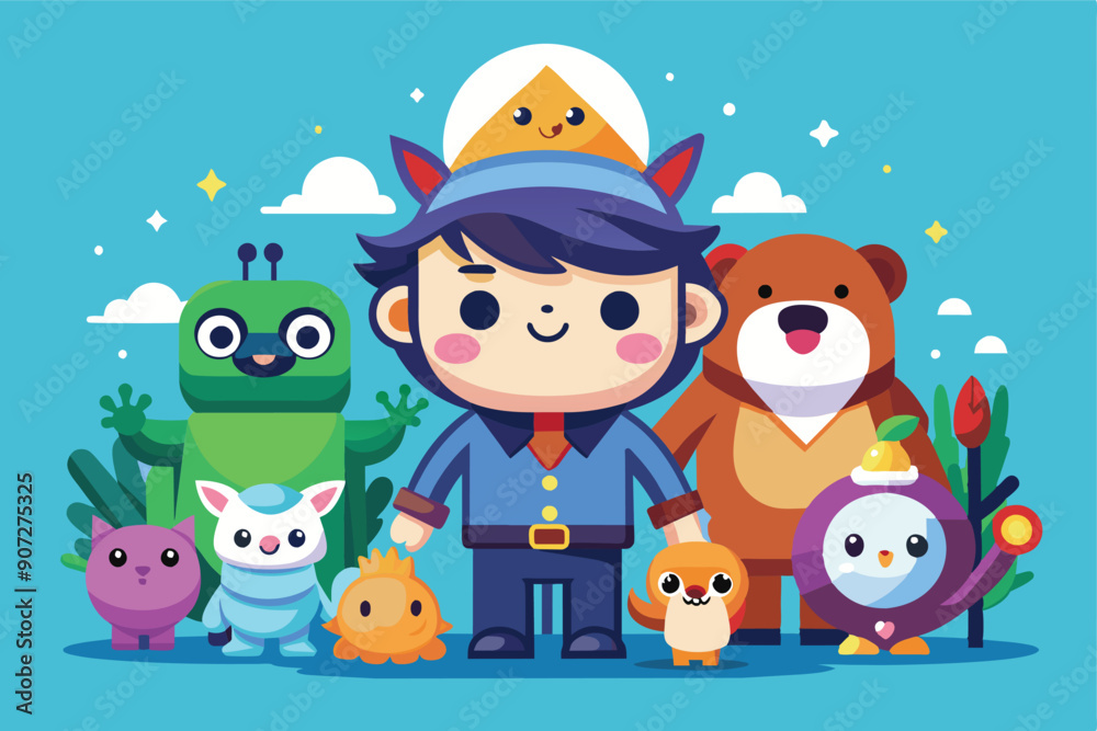 Fototapeta premium A Boy and His Adorable Cartoon Animal Companions