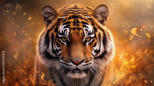 Close-up photography of a majestic tiger framed by an abstract fire background. 