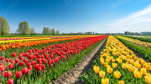 An expansive flower garden with rows of bright, colorful flowers stretching into the distance under a clear blue sky 