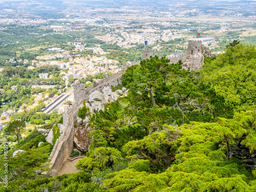 Walls and towers of Moors Castle in Sintra, Portugal photo