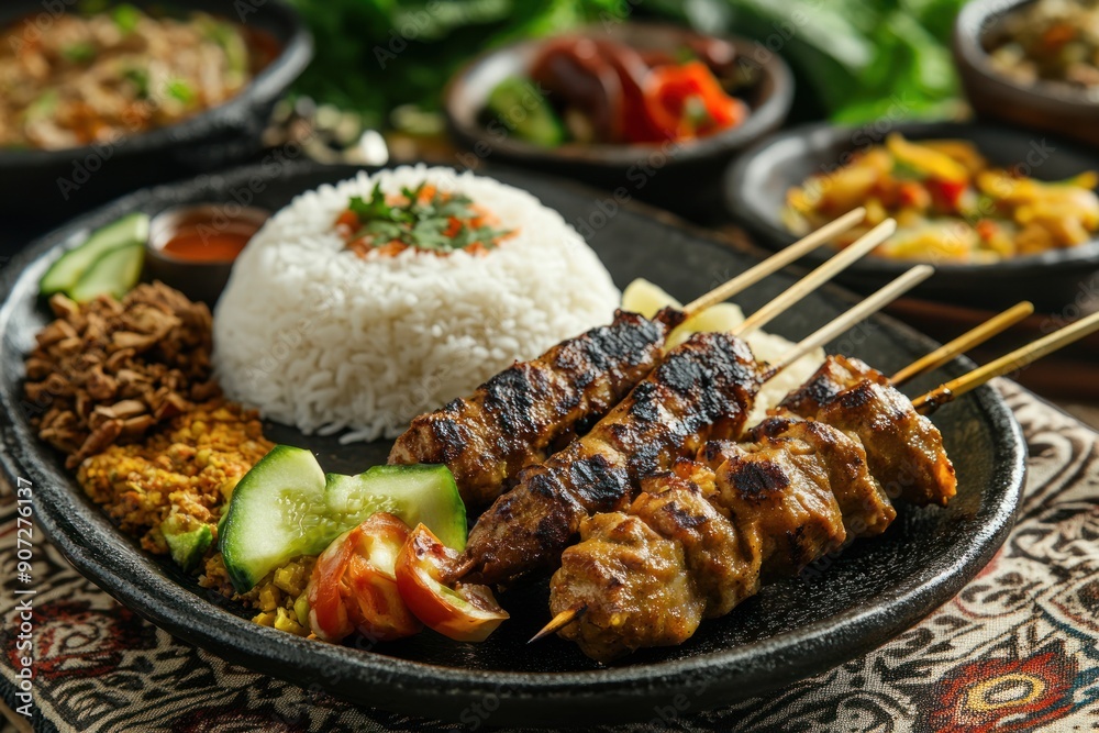 Delicious Indonesian Cuisine: Grilled Satay with Rice and Cucumber Delicious Indonesian Cuisine: Grilled Satay with Rice and Cucumber