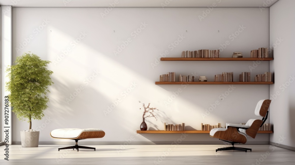 Minimalist Living Room with Bookshelves, Lounge Chair, and Plant Minimalist Living Room with Bookshelves, Lounge Chair, and Plant
