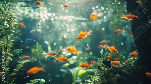 Goldfish Swimming in a Sunlit Aquarium