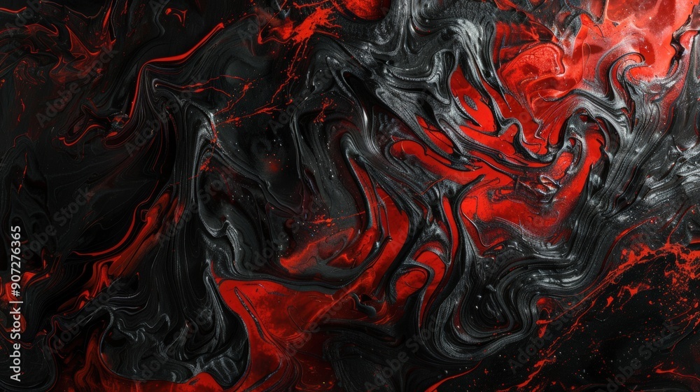 Dynamic abstract painting where deep black forms the backdrop for a burst of crimson red shapes that seem to move outward from the center. Center splash. Black and red colors. Dynamic abstract painting where deep black forms the backdrop for a burst of crimson red shapes that seem to move outward from the center. Center splash. Black and red colors.