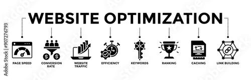 Website optimization banner web icon with glyph style icon of page speed, conversion rate, website traffic, efficiency, keywords, ranking, caching, and link building. Vector illustration 