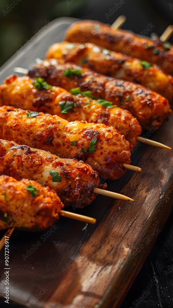 Deliciously grilled skewers of crispy, golden corn dog bites with herbs. Deliciously grilled skewers of crispy, golden corn dog bites with herbs.