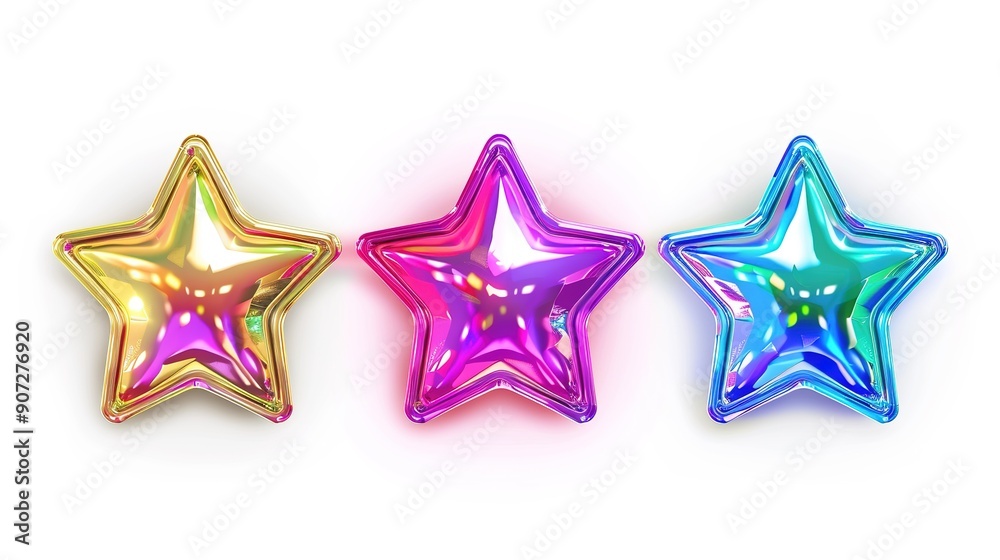 3 Collection of realistic multi colour shiny stars shape set isolated on white background. 3 Collection of realistic multi colour shiny stars shape set isolated on white background.