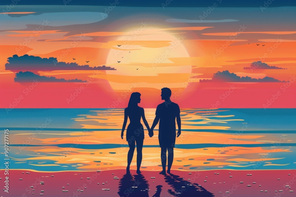A romantic couple holding hands on the beach at sunset, enjoying the serene beauty of nature and love together. A romantic couple holding hands on the beach at sunset, enjoying the serene beauty of nature and love together.