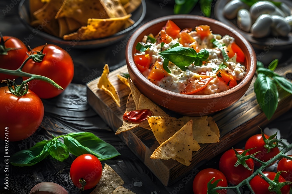 A delicious bowl of fresh salsa with tortilla chips, garnished with basil. A delicious bowl of fresh salsa with tortilla chips, garnished with basil.