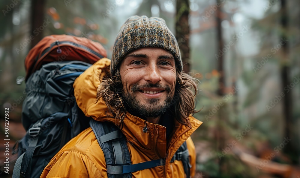 A handsome man is smiling at the camera while taking a selfie in a lush forest. A handsome man is smiling at the camera while taking a selfie in a lush forest.