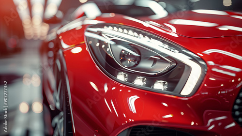Close-up of shiny red sports car headlights with copy space for text