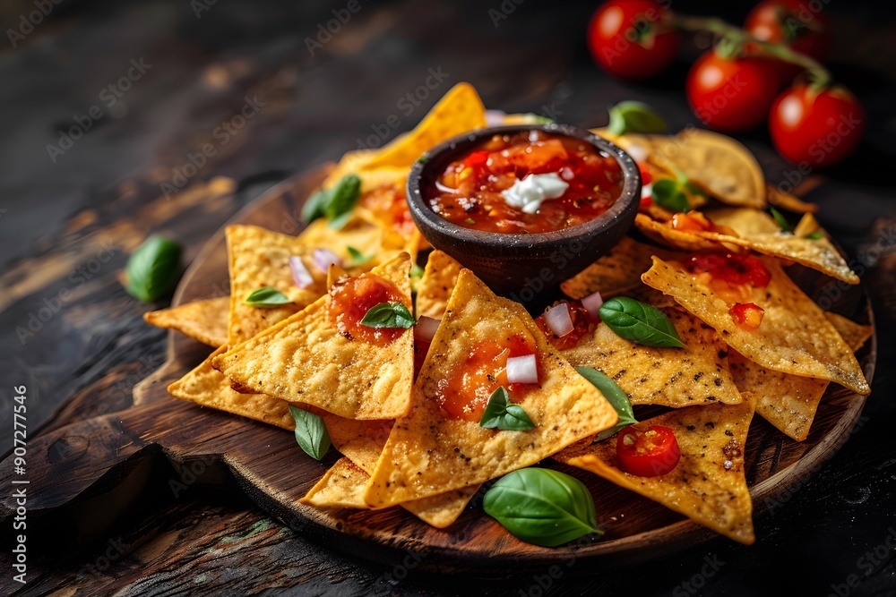 A vibrant plate of tortilla chips with fresh salsa, garnished with herbs and tomatoes. A vibrant plate of tortilla chips with fresh salsa, garnished with herbs and tomatoes.