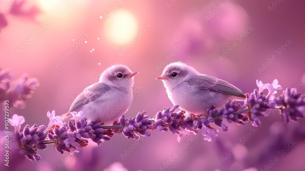 Two Little Birds Perched on Lavender in a Pink Dream Two Little Birds Perched on Lavender in a Pink Dream