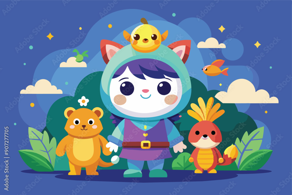 Naklejka premium Cartoon Character with Animal Friends in a Forest Setting