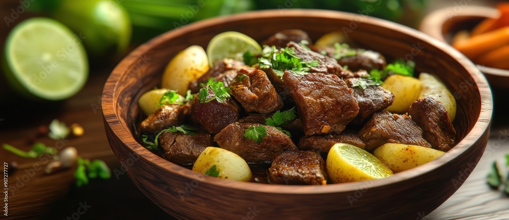 Close-up of a Delicious Beef and Potato Stew in a Wooden Bowl Close-up of a Delicious Beef and Potato Stew in a Wooden Bowl