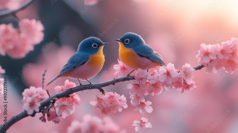 Two Bluebirds Perched on a Branch of Delicate Pink Flowers Two Bluebirds Perched on a Branch of Delicate Pink Flowers