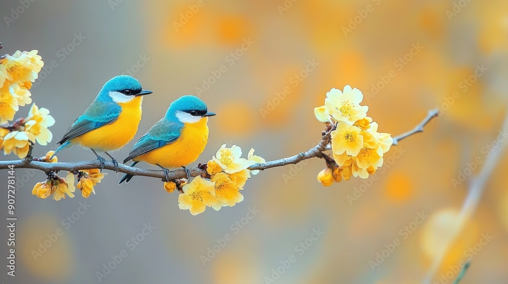 Two Blue and Yellow Birds Perched on a Branch with Yellow Blossoms Two Blue and Yellow Birds Perched on a Branch with Yellow Blossoms