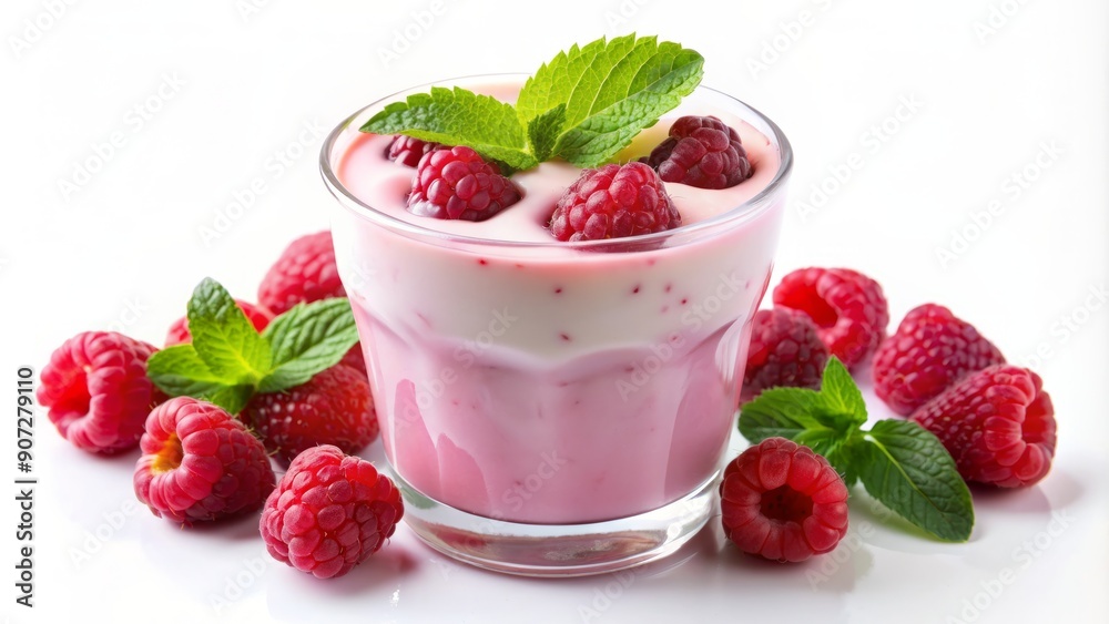 Fresh raspberries and yogurt blended together in a delicious and healthy smoothie, isolated on a clean white background with a modern and appetizing presentation. Fresh raspberries and yogurt blended together in a delicious and healthy smoothie, isolated on a clean white background with a modern and appetizing presentation.