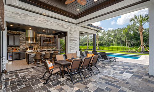 Outdoor dining area with patio furniture, stone floors, and a pool in the background.