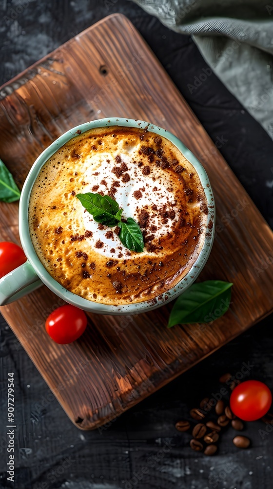 Delicious frothy coffee topped with whipped cream and mint, served on a wooden platter. Delicious frothy coffee topped with whipped cream and mint, served on a wooden platter.