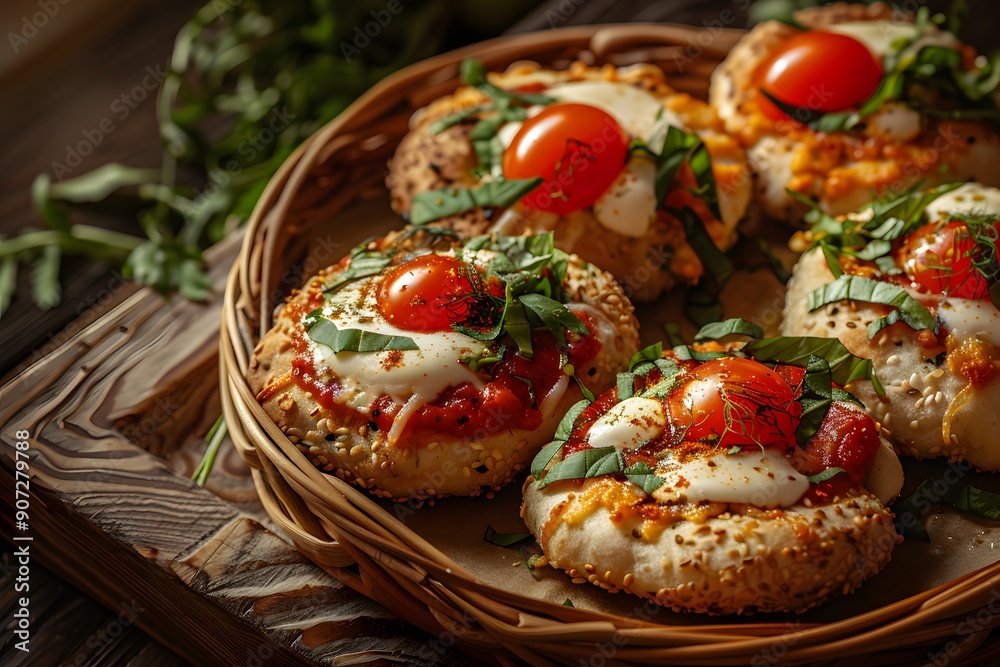 Delicious baked mini pizzas topped with fresh basil and cherry tomatoes. Delicious baked mini pizzas topped with fresh basil and cherry tomatoes.