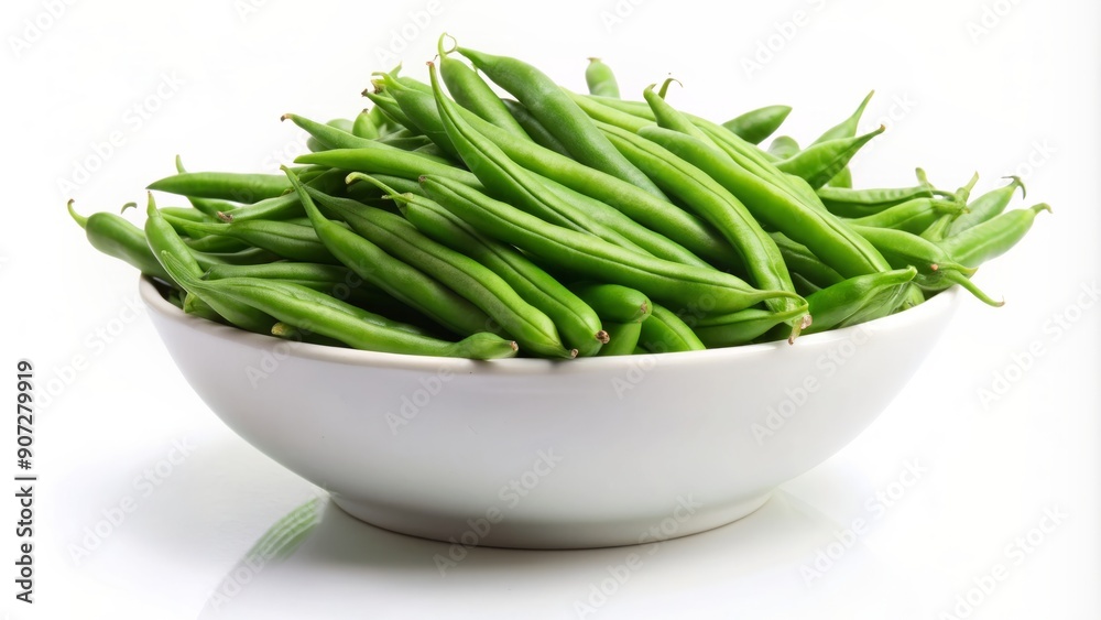 Fresh green beans overflow from a clean white bowl, arranged in a neat heap, against a crisp white background, with ample copy space around. Fresh green beans overflow from a clean white bowl, arranged in a neat heap, against a crisp white background, with ample copy space around.